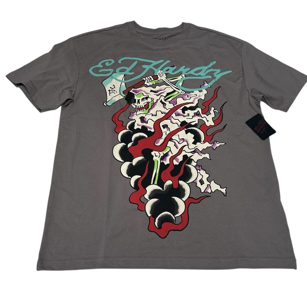 Ed‎ Hardy T Shirt Men's Death Reaper Size L Light Grey NWT